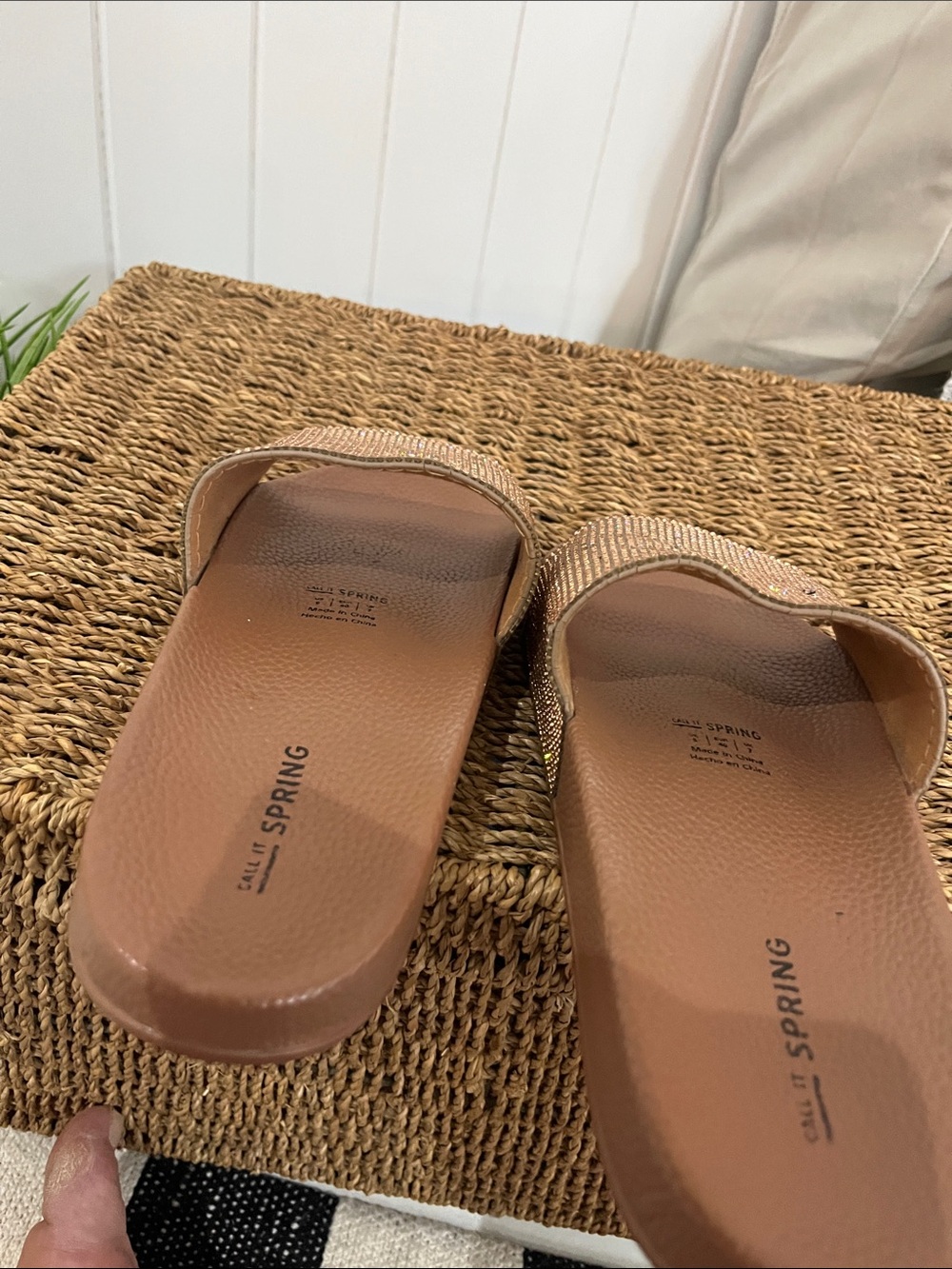 Call It Spring Rose Gold Rhinestone Slide Sandals - Picture 9 of 10